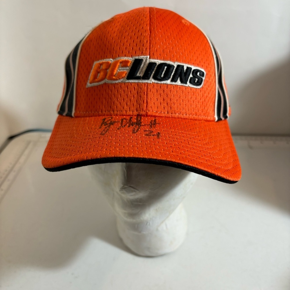🇨🇦 Reebok CFL BC Lions football signed #21 orange brimmed mesh baseball hat cap